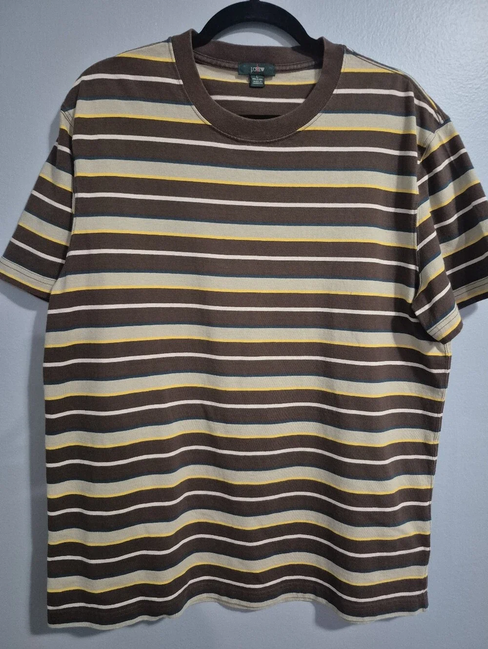 Vintage Mens J. Crew Brown Striped Crewneck Short-Sleeve Tee Large